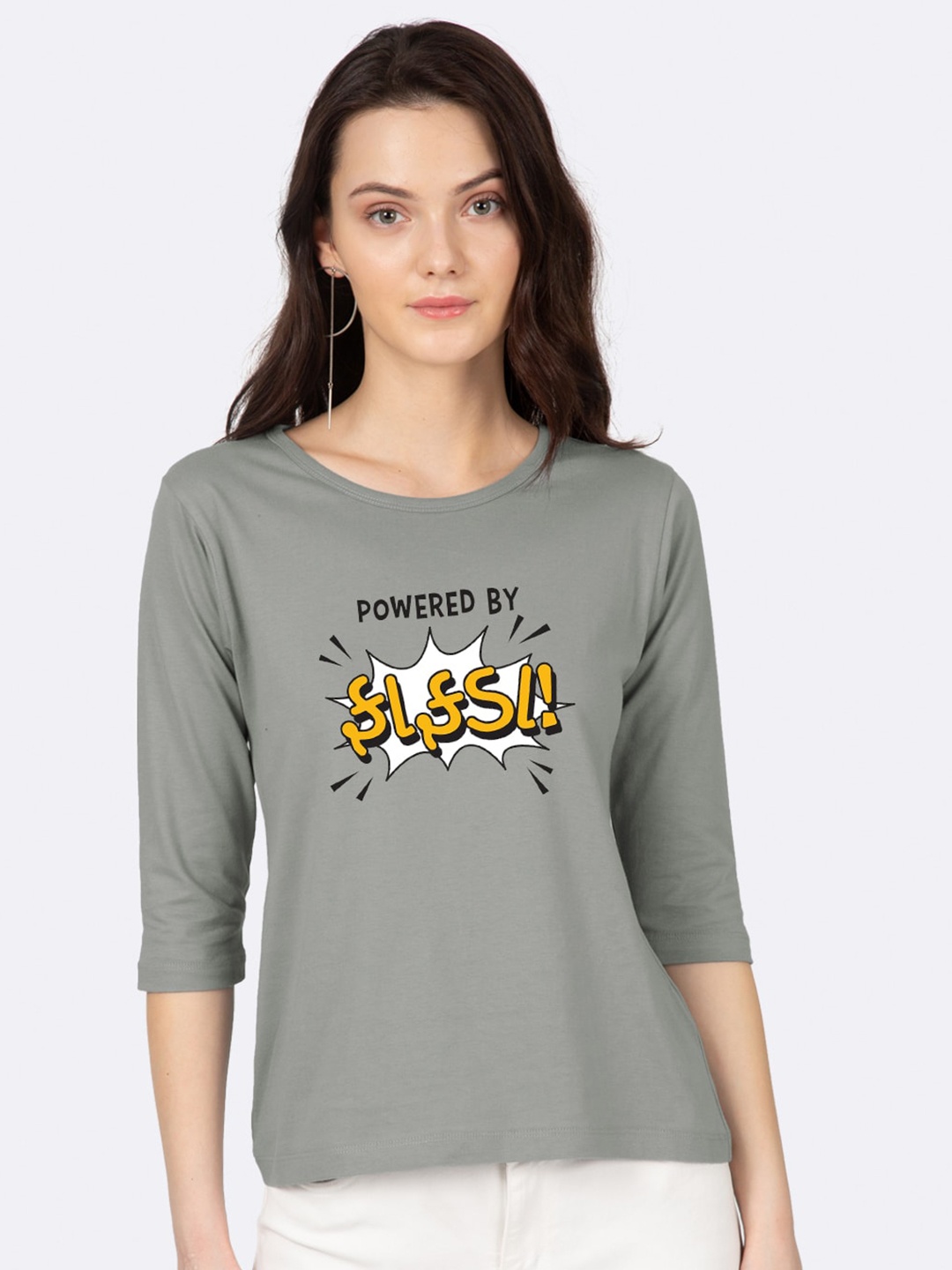 

Bewakoof Women Grey & White Typography Printed Slim Fit T-shirt