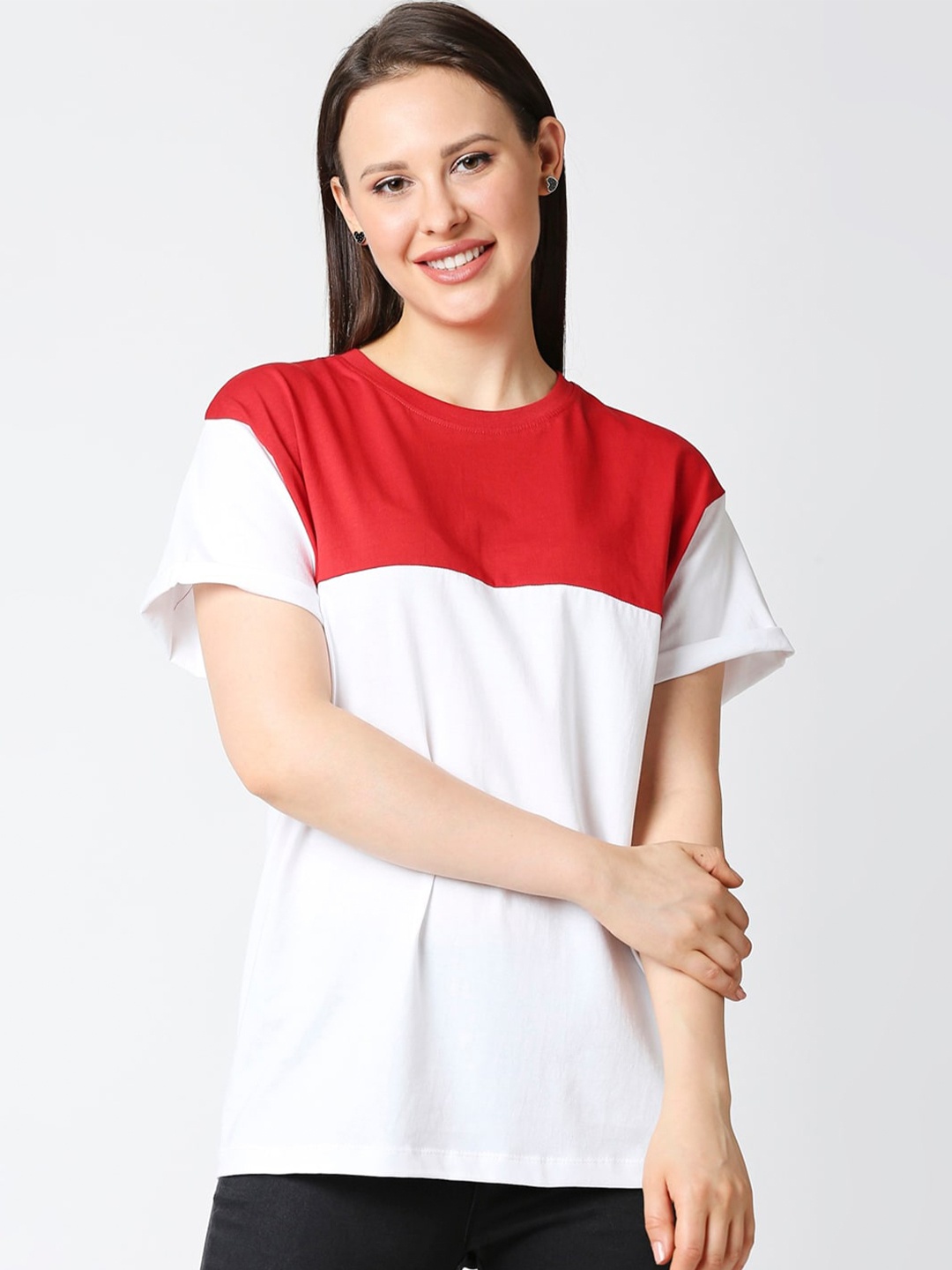 

Bewakoof Women White & Red Colourblocked Loose T-shirt