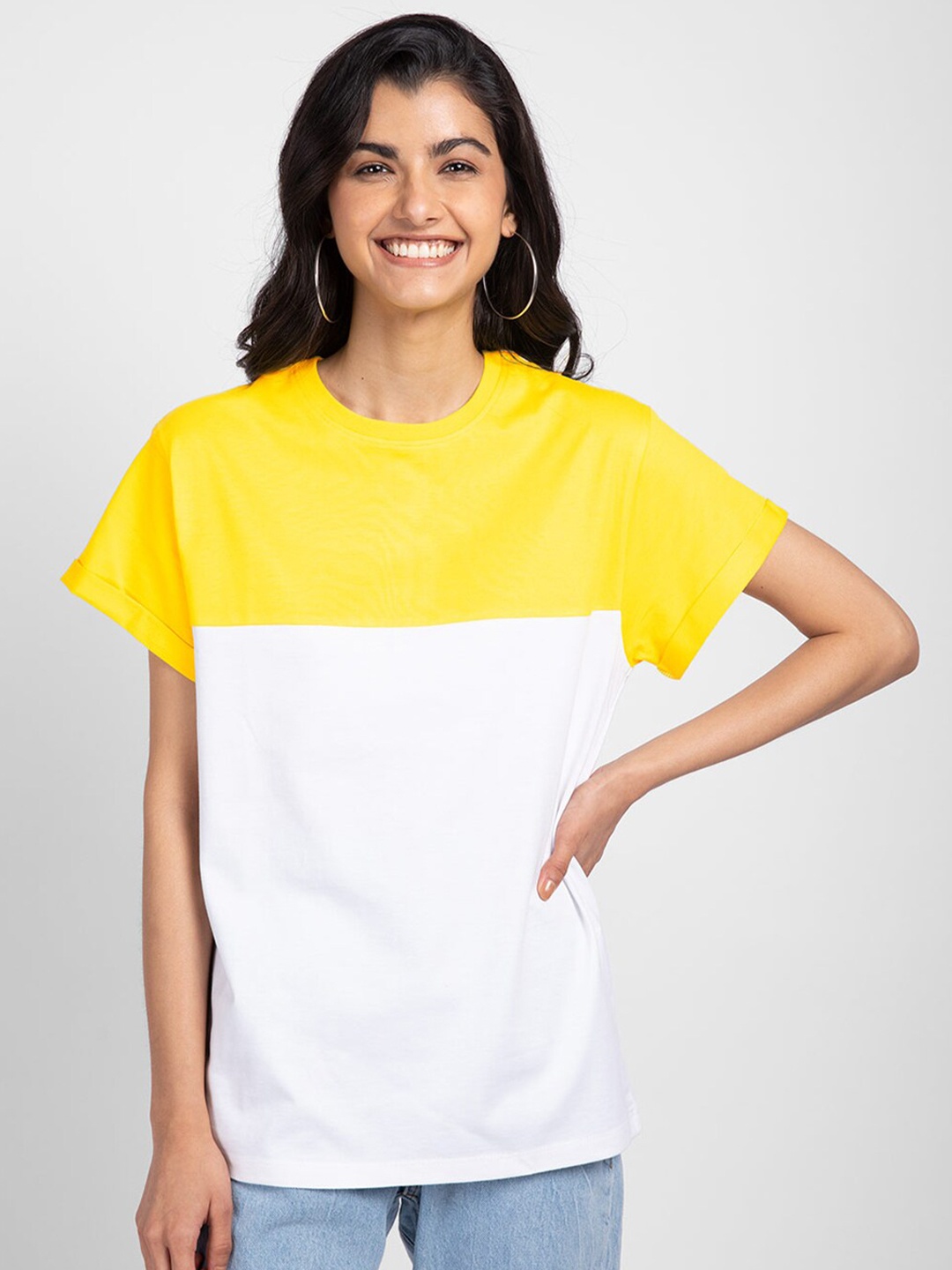 

Bewakoof Women White & Yellow Colourblocked Boyfriend T-Shirt