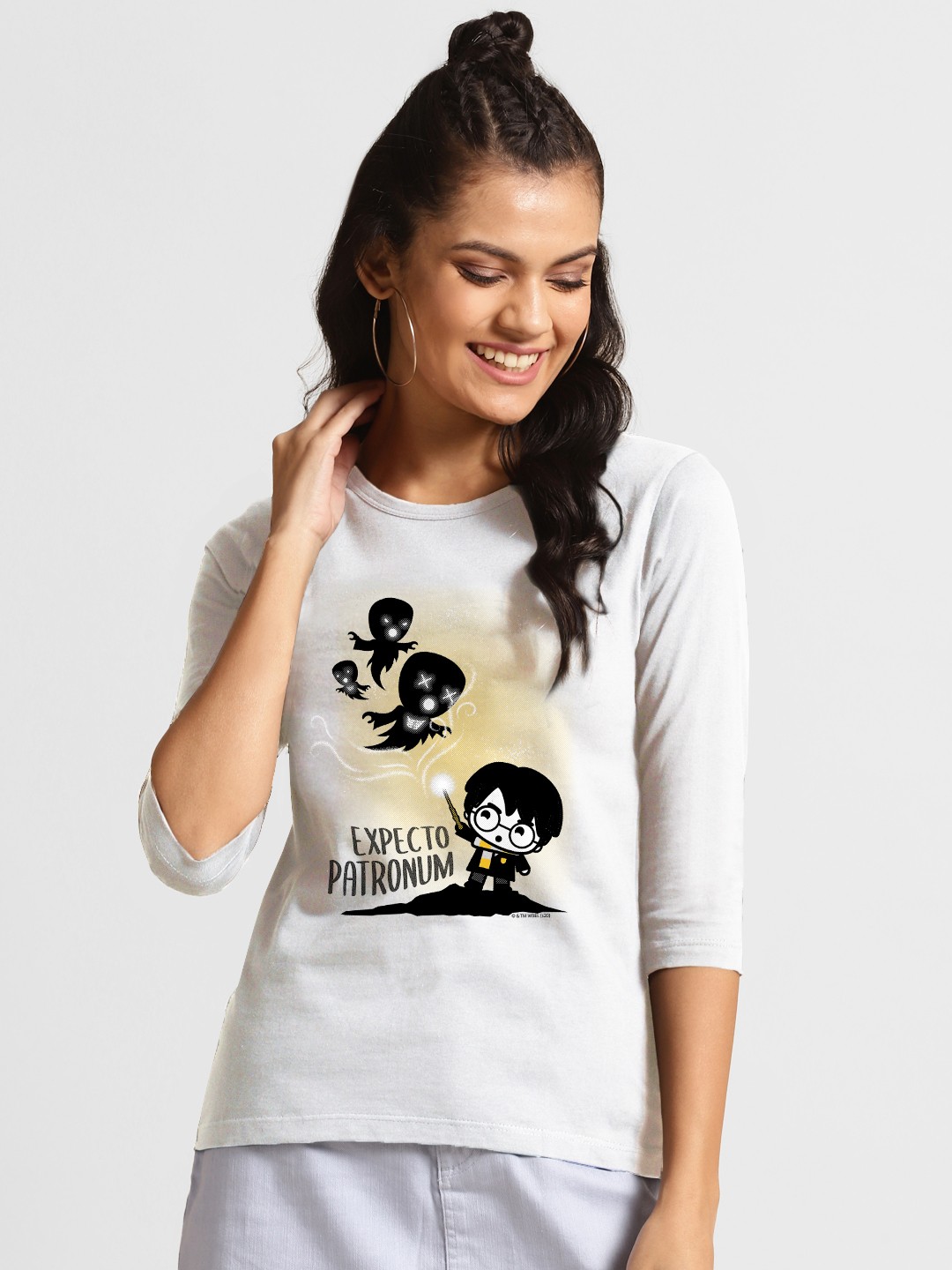 

Bewakoof Women Printed Drop-Shoulder Sleeves Slim Fit Cotton T-shirt, White