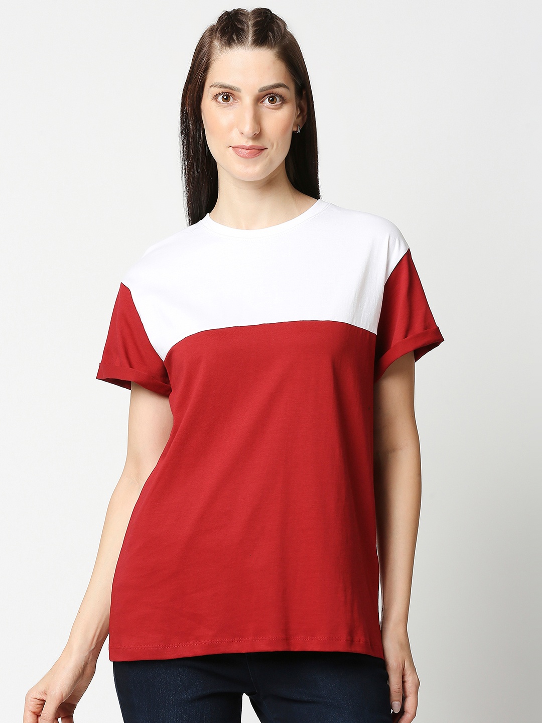 

Bewakoof Women Colourblocked Loose Cotton T-shirt, Red