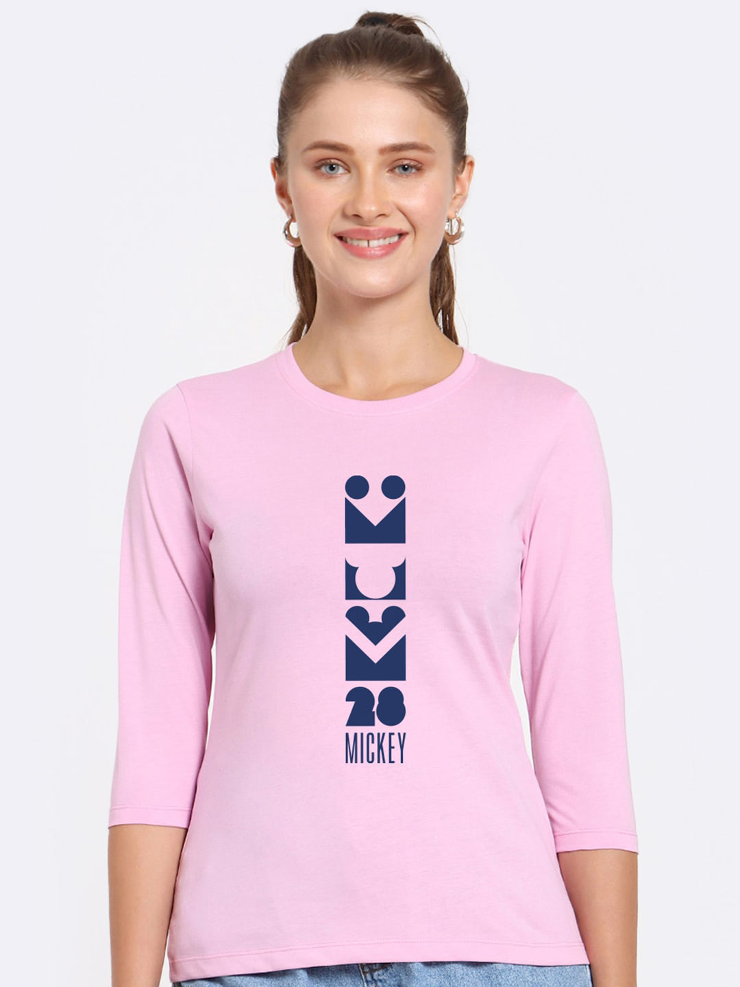 

Bewakoof Women Pink & Blue Mickey Mouse Printed Regular Fit T-shirt