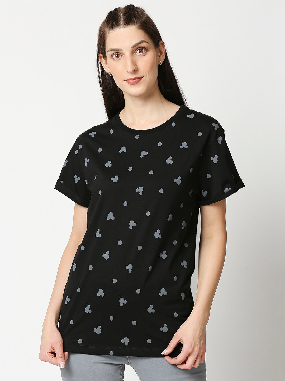 

Bewakoof Women Black & Grey Mickey Mouse Printed Drop-Shoulder Sleeves Boyfriend T-Shirt
