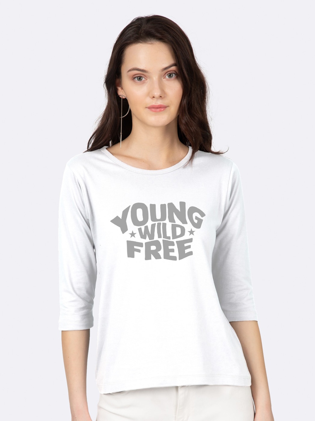Bewakoof Women White & Grey Typography Printed Slim Fit T-shirt