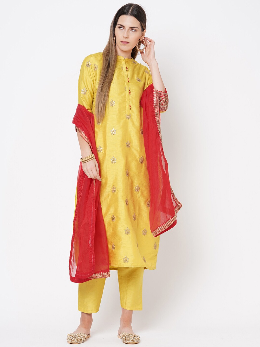 

FASHOR Women Yellow Embroidered Pure Silk Kurta with Salwar & With Dupatta
