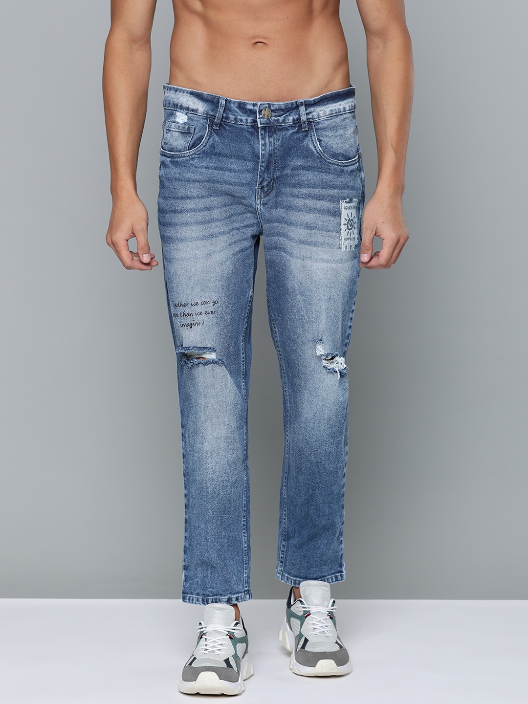 

Kook N Keech Men Blue Carrot Fit Low Distressed Stretchable Jeans