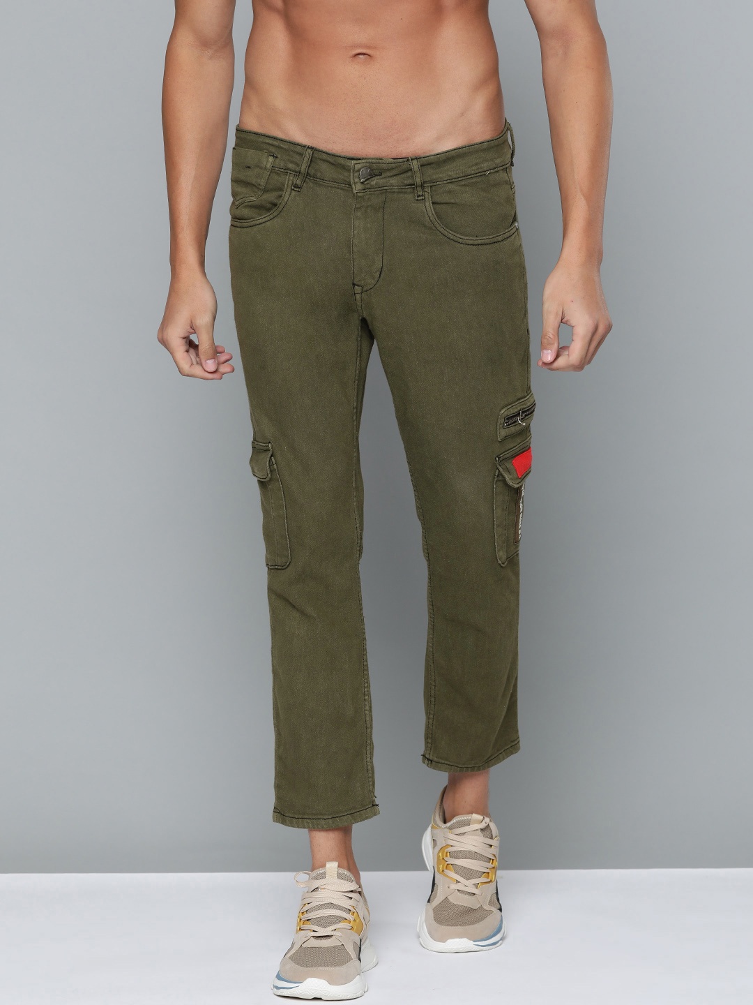 

Kook N Keech Men Olive Green Skinny Fit Stretchable Cargo Jeans