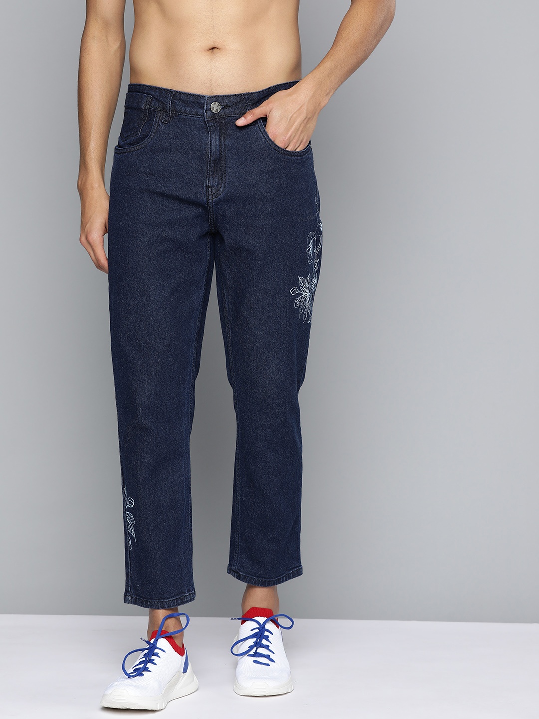 

Kook N Keech Men Navy Blue Carrot Fit Printed Stretchable Jeans