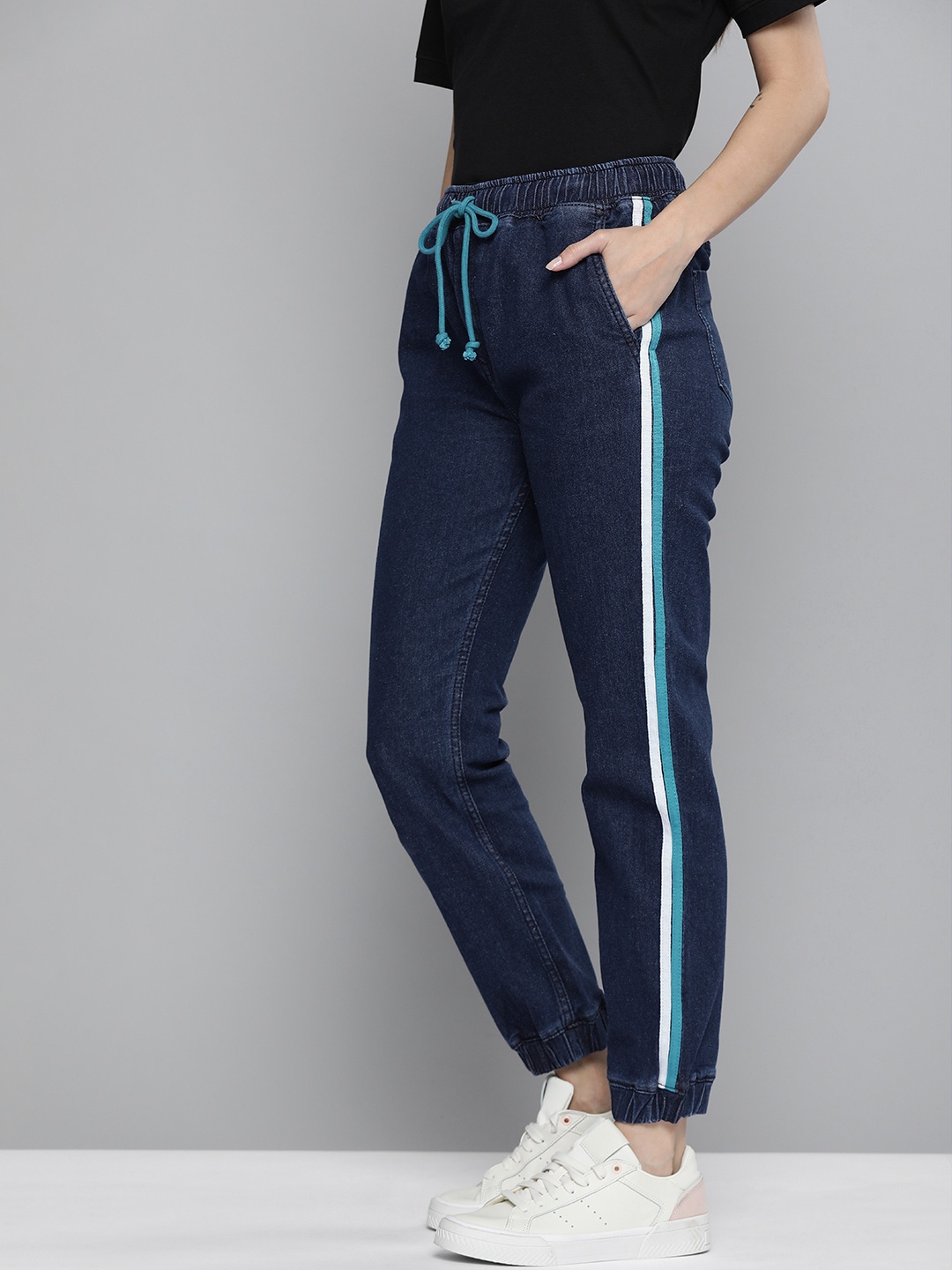 

Kook N Keech Women Blue Slim Jogger Stretchable Jeans with Side Stripes