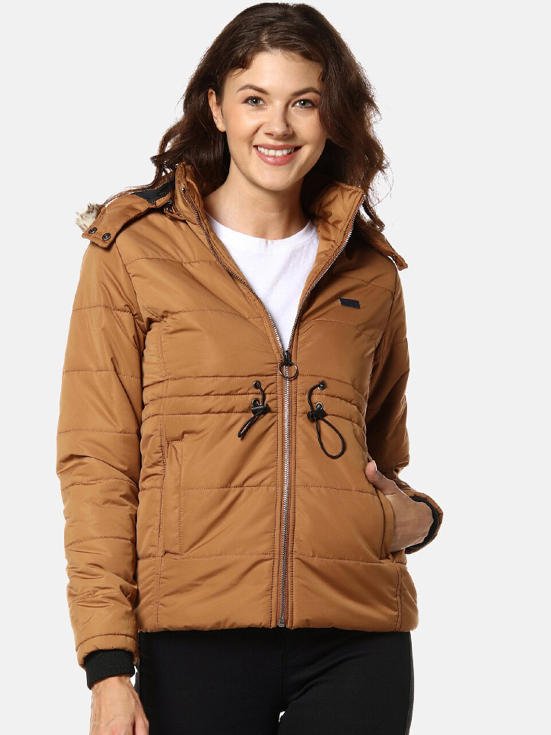 

Campus Sutra Women Brown Windcheater Hooded Padded Jacket