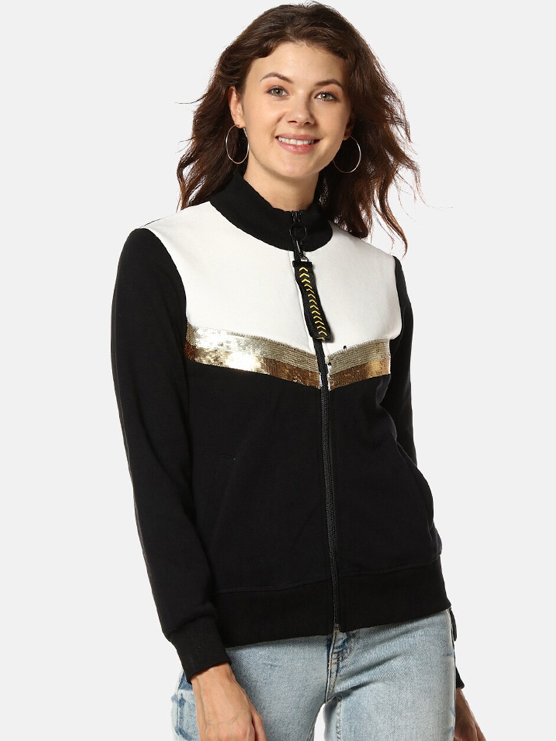 

Campus Sutra Women Black & White Colourblocked Windcheater Crop Bomber Jacket