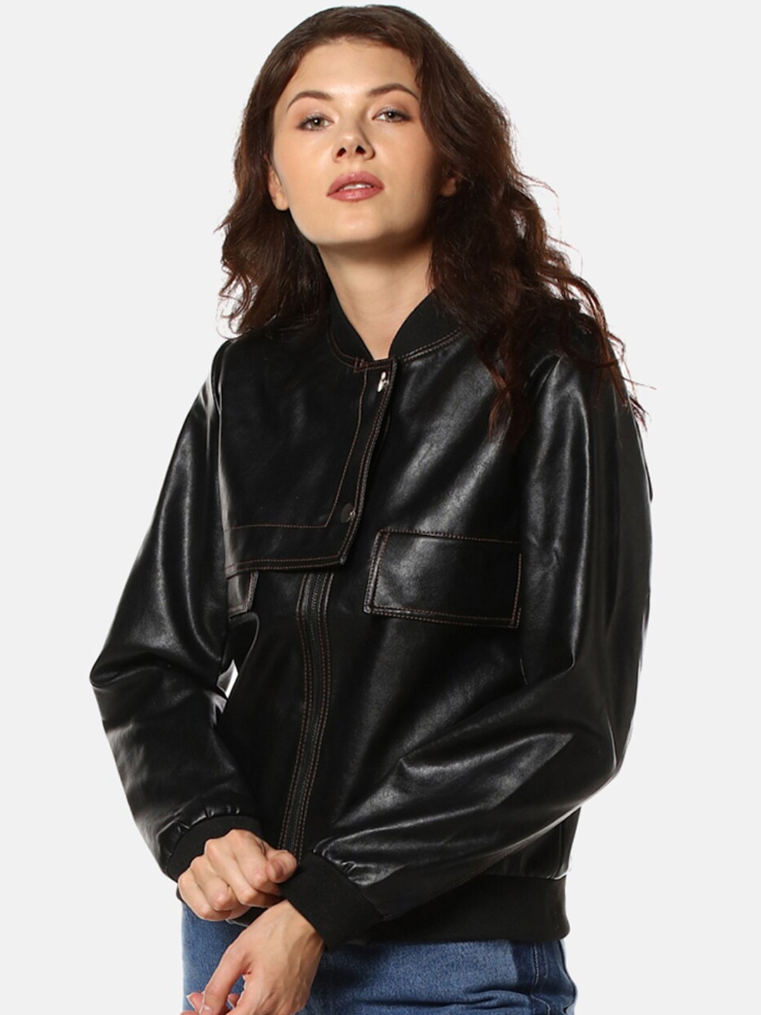 

Campus Sutra Women Black Leather Windcheater Bomber Jacket