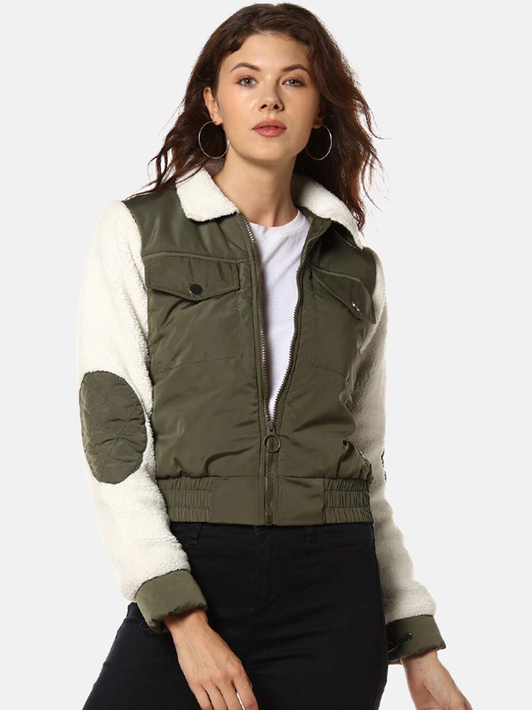 

Campus Sutra Women Olive Green & White Colourblocked Windcheater Crop Bomber Jacket