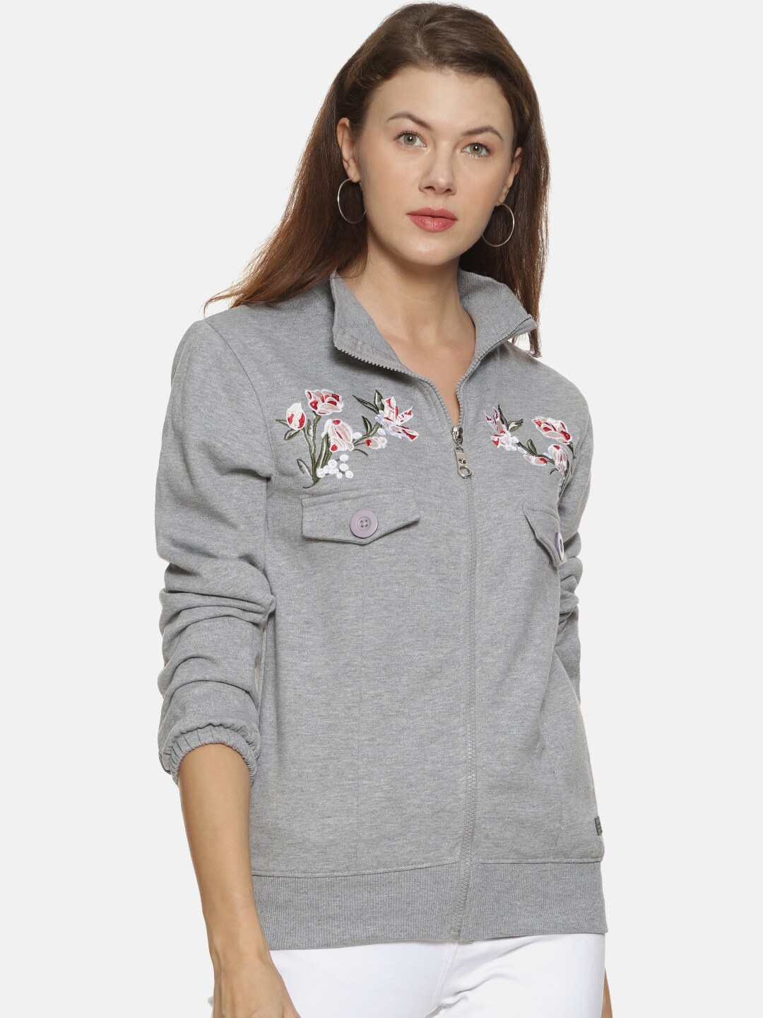 

Campus Sutra Women Grey & White Embroidered Sweatshirt