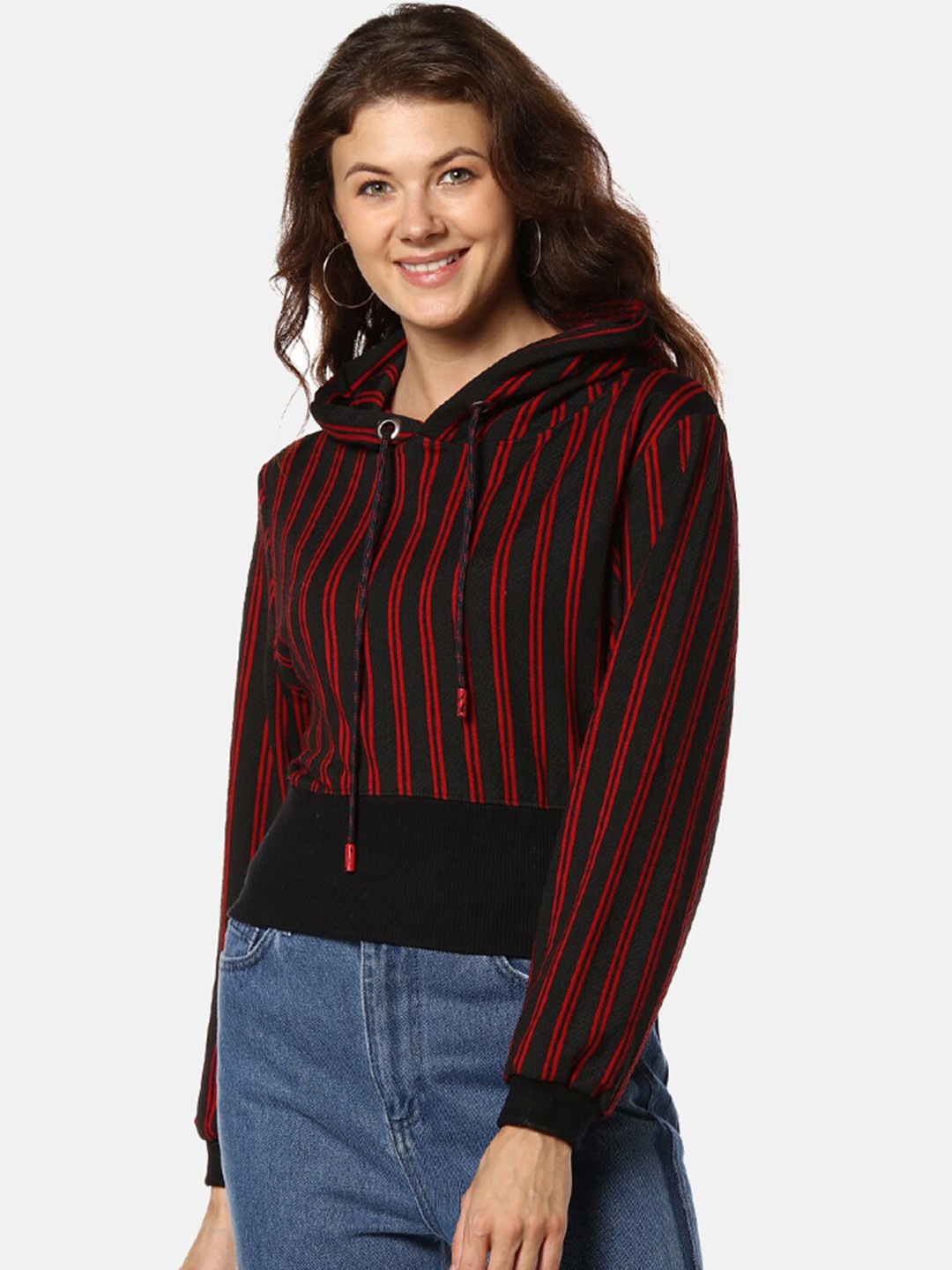 

Campus Sutra Women Red & Black Striped Hooded Sweatshirt