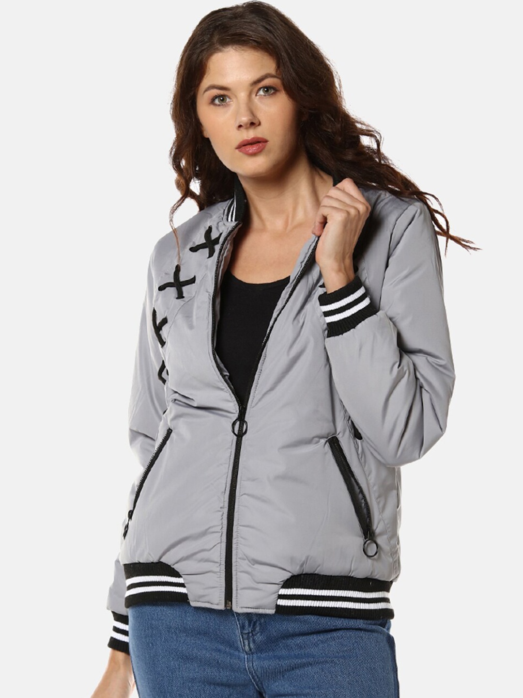 

Campus Sutra Women Grey & Black Windcheater Varsity Jacket
