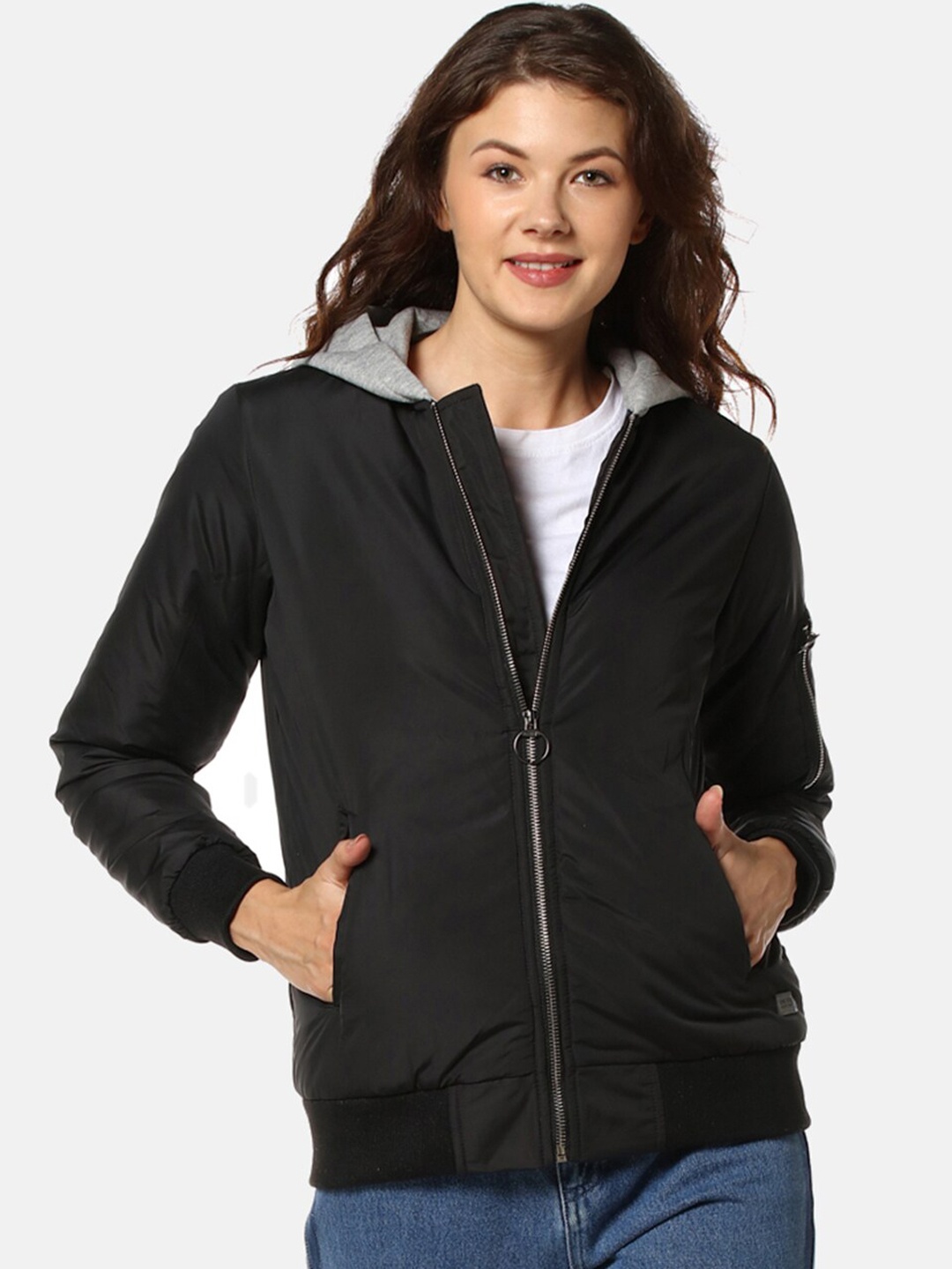 

Campus Sutra Women Black & Grey Windcheater Bomber Jacket