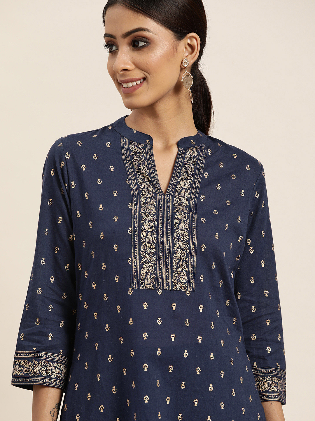 

Sangria Women Navy Blue & Golden Ethnic Motifs Printed Pure Cotton Kurta with Trousers