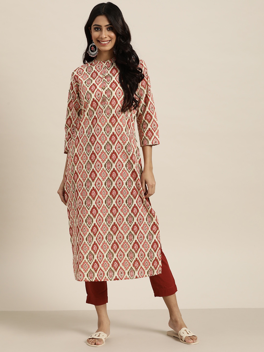 

Sangria Women Cream-Coloured & Pink Printed Pure Cotton Kurta with Trousers