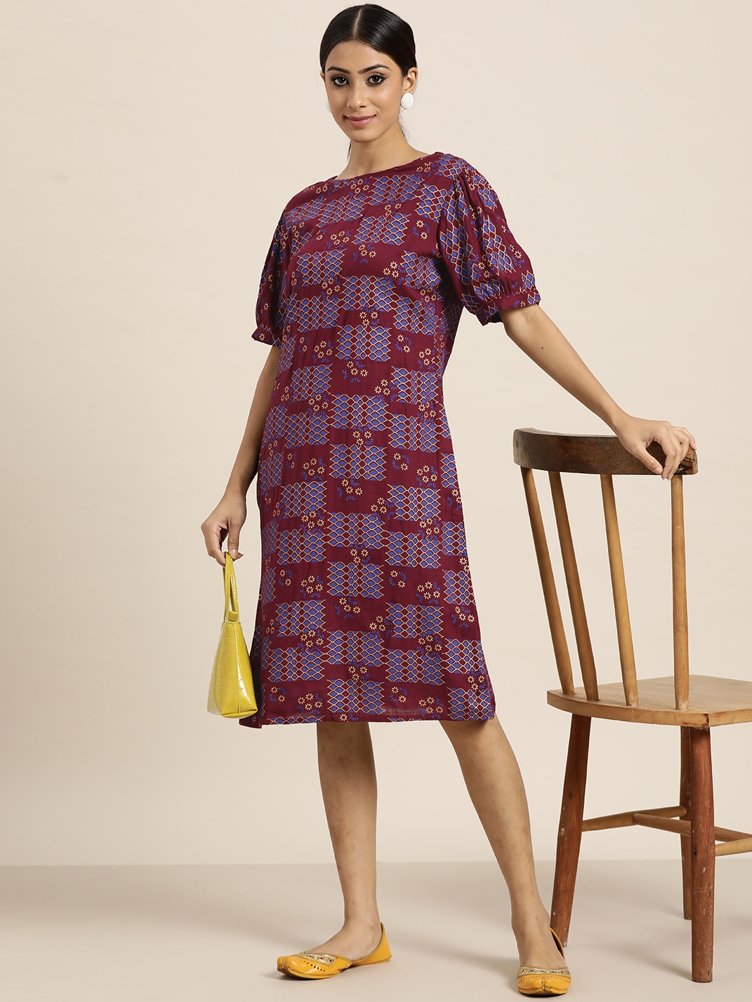 

Sangria Burgundy & Blue Ethnic Motifs Ethnic A-Line Dress
