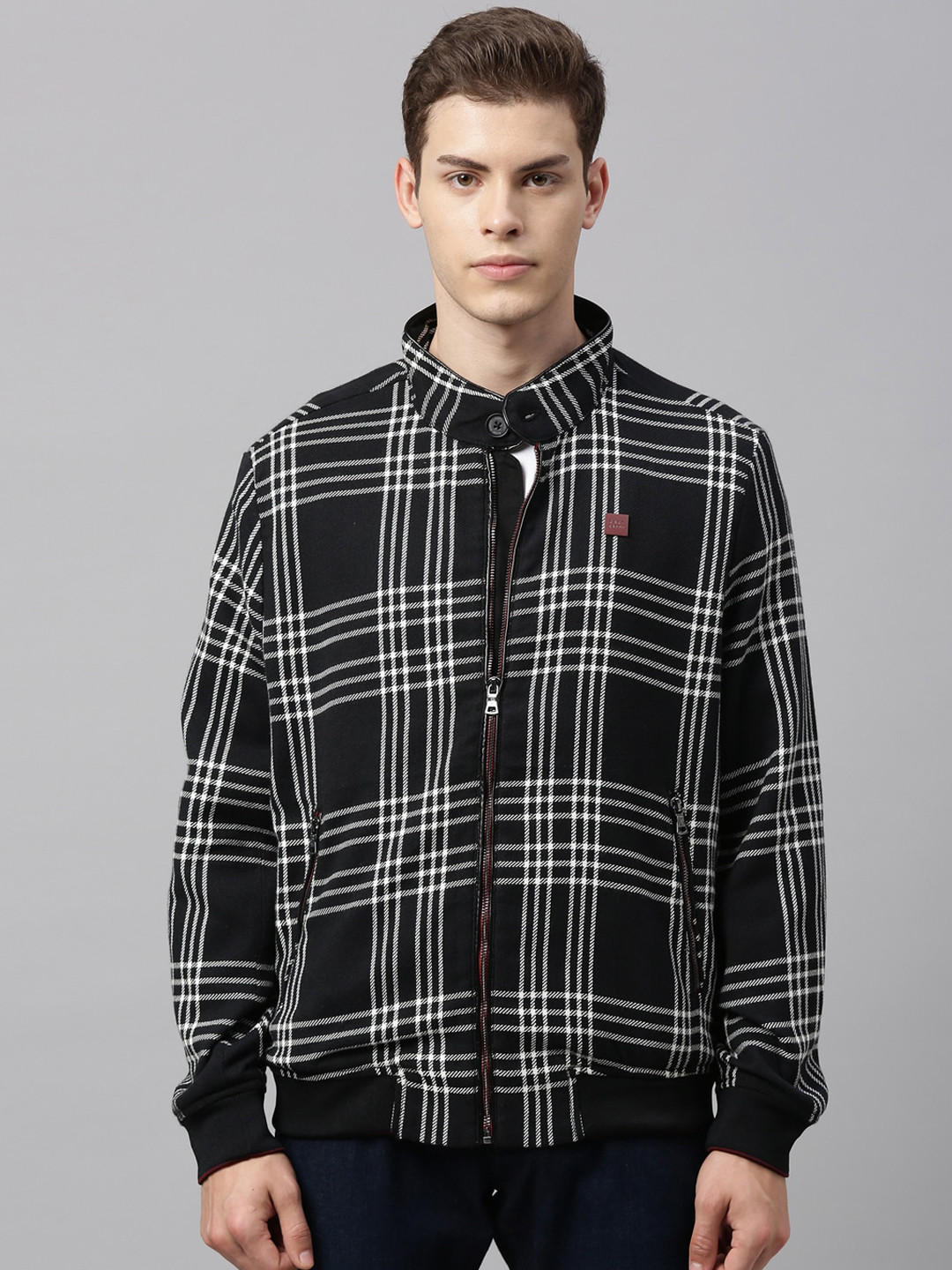 

RARE RABBIT Men Black White Checked Open Front Jacket