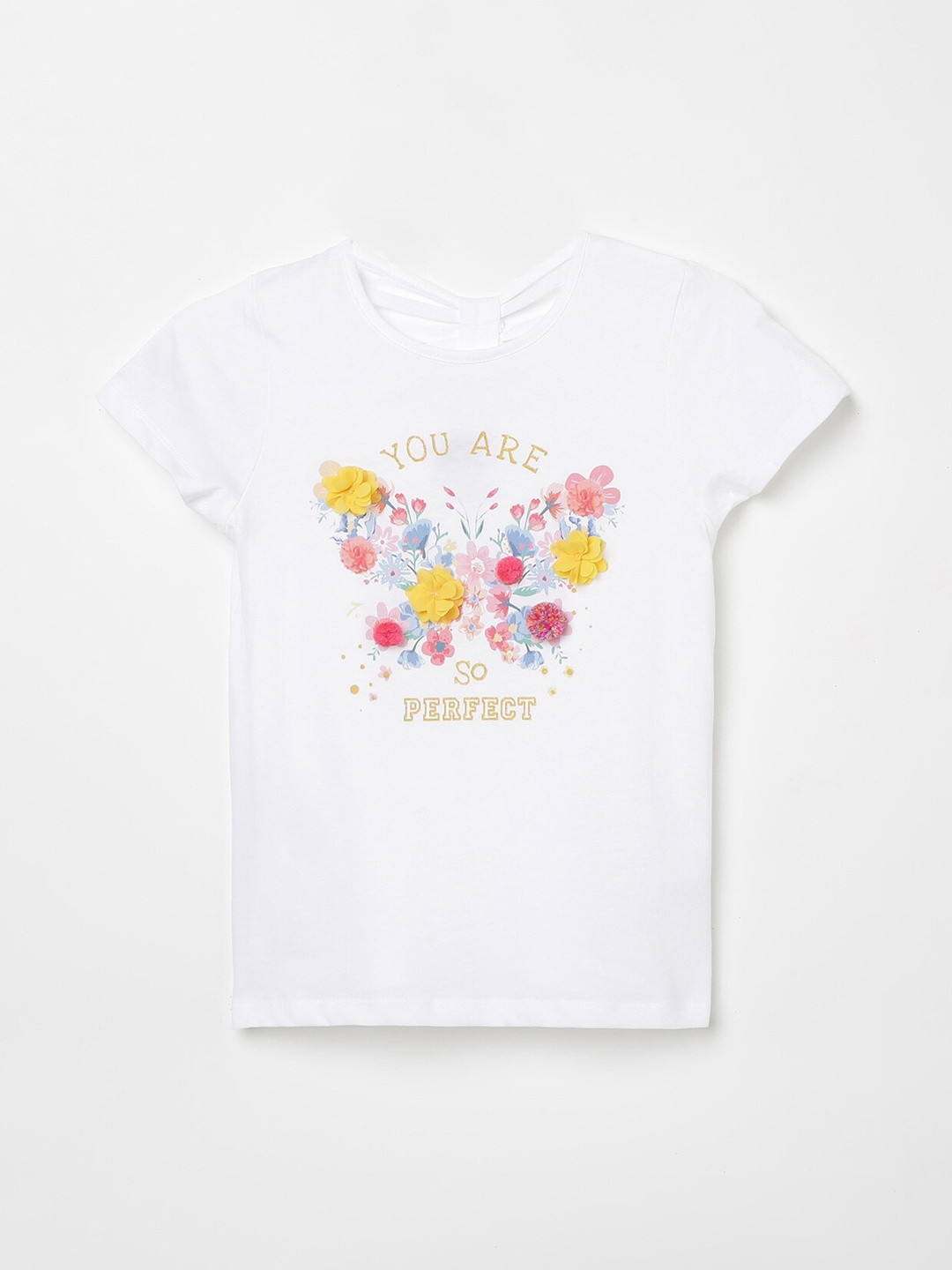 

Fame Forever by Lifestyle Girls White & Yellow Floral Printed Applique T-shirt