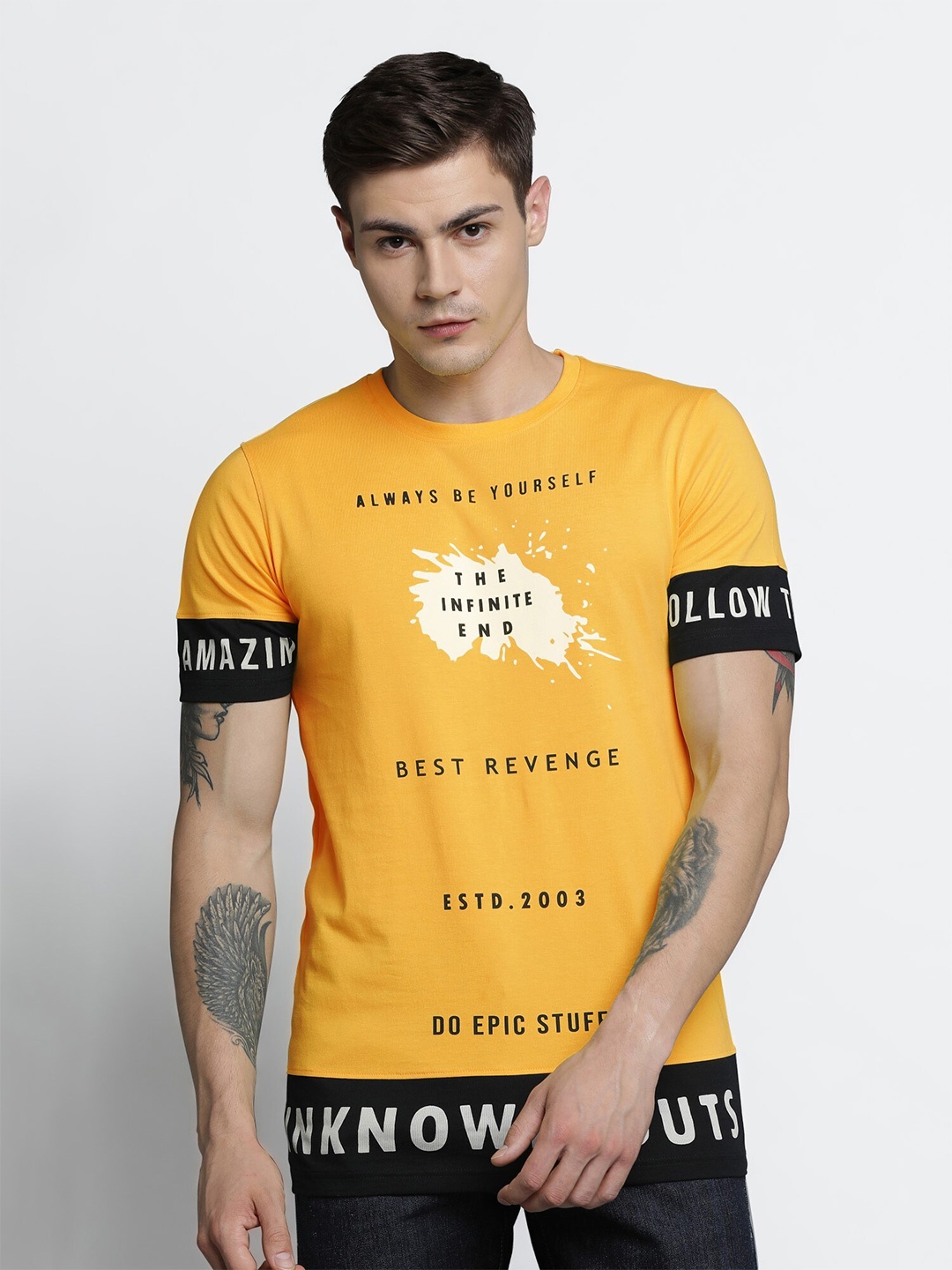 

Maniac Men Yellow & Black Typography Printed Slim Fit T-shirt
