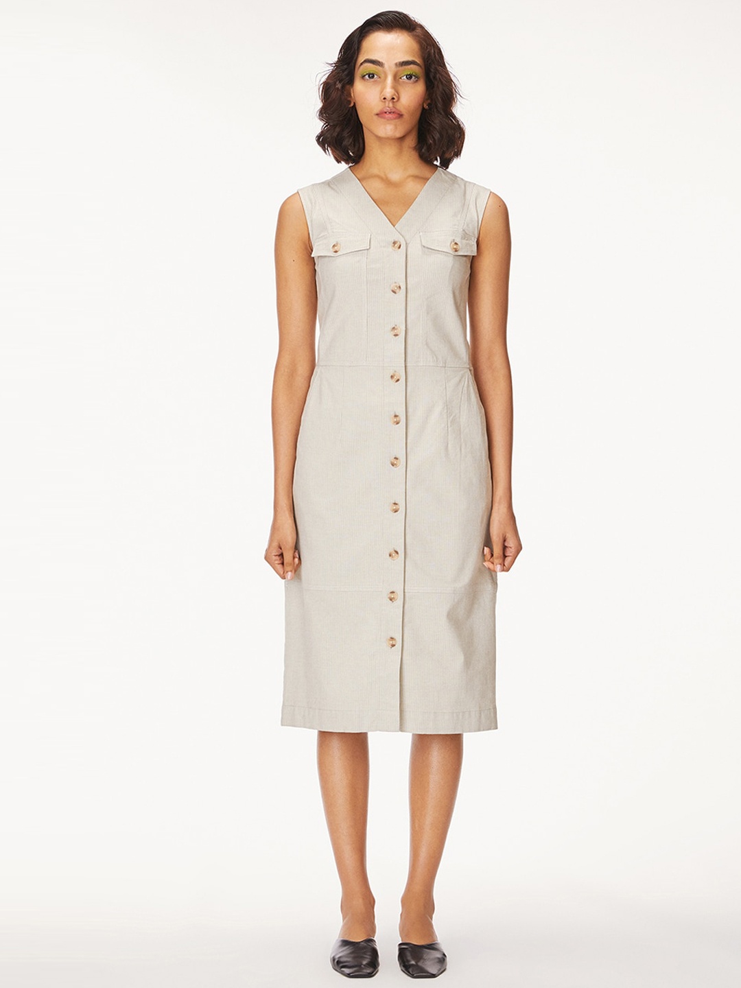 

Bhaane Women Off White Striped Shirt Dress