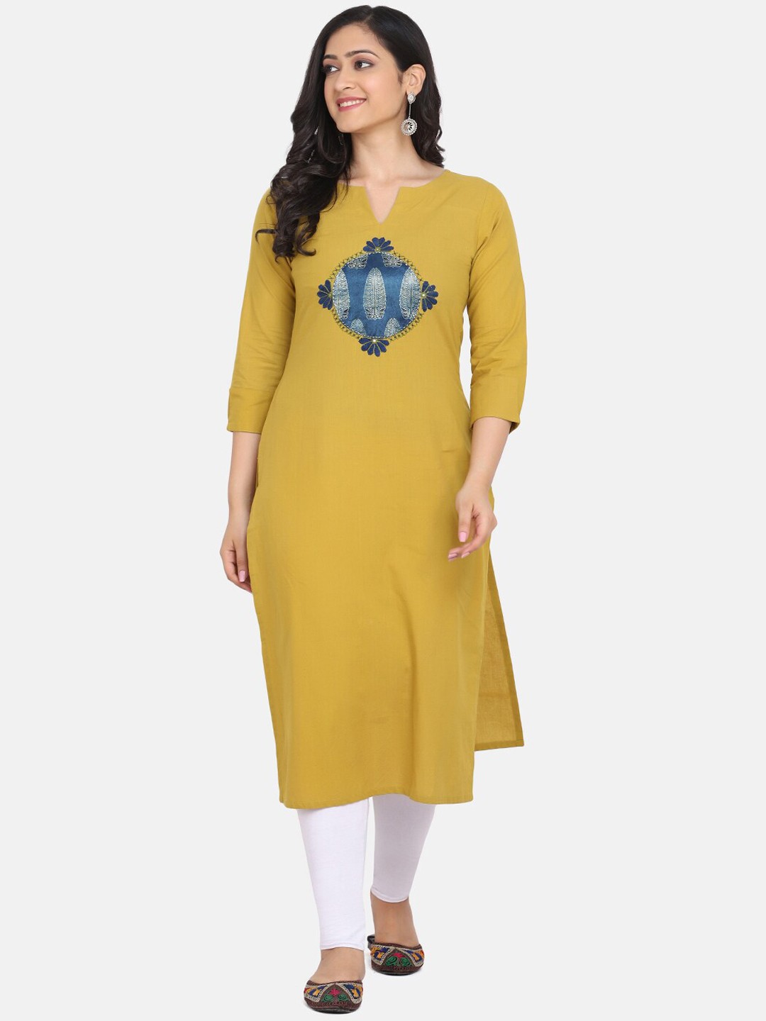 

Saanjh Women Mustard Yellow & Blue Thread Work Kurta