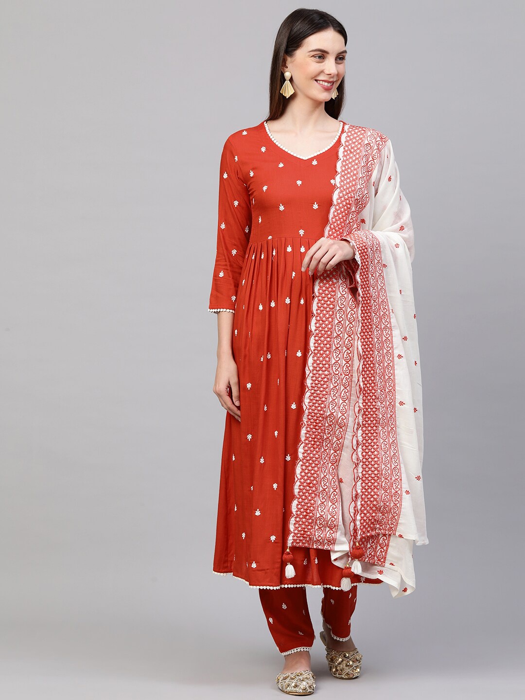 

FASHOR Women Red Embroidered Pleated Kurta with Churidar & Dupatta