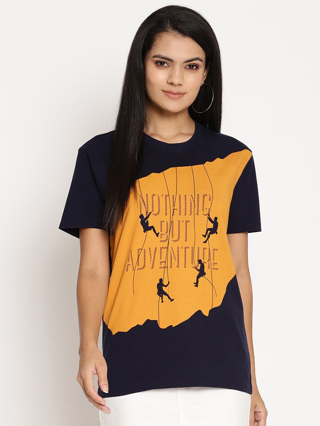 

Wolfpack Women Navy Blue & Orange Typography Printed T-shirt
