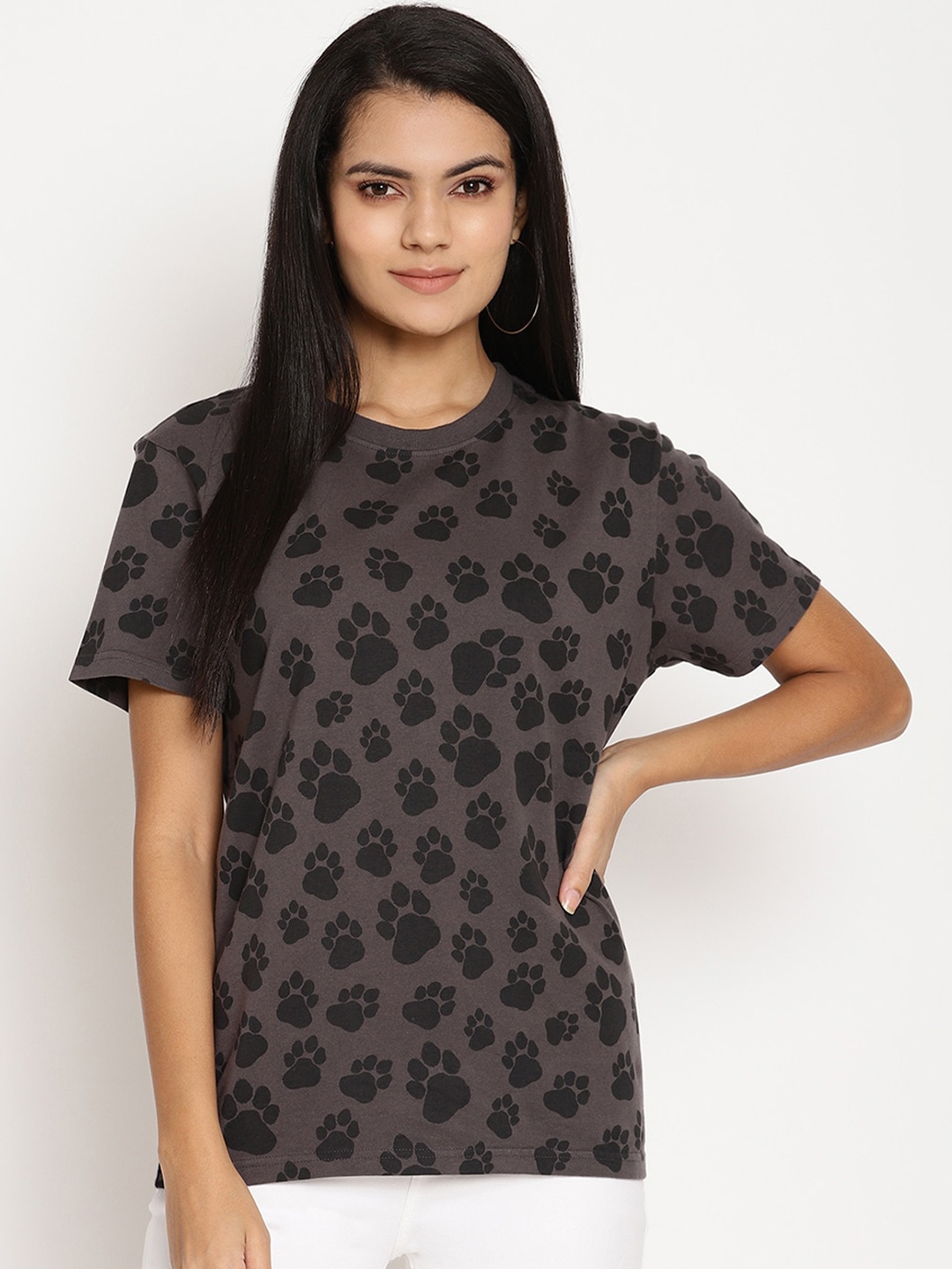 

Wolfpack Women Charcoal & Black Animal Printed T-shirt
