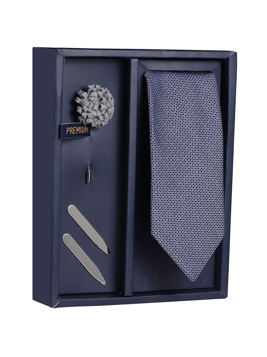 

PELUCHE Men Grey & Navy Blue Checked Broad Tie with Brooch & Collar Stay