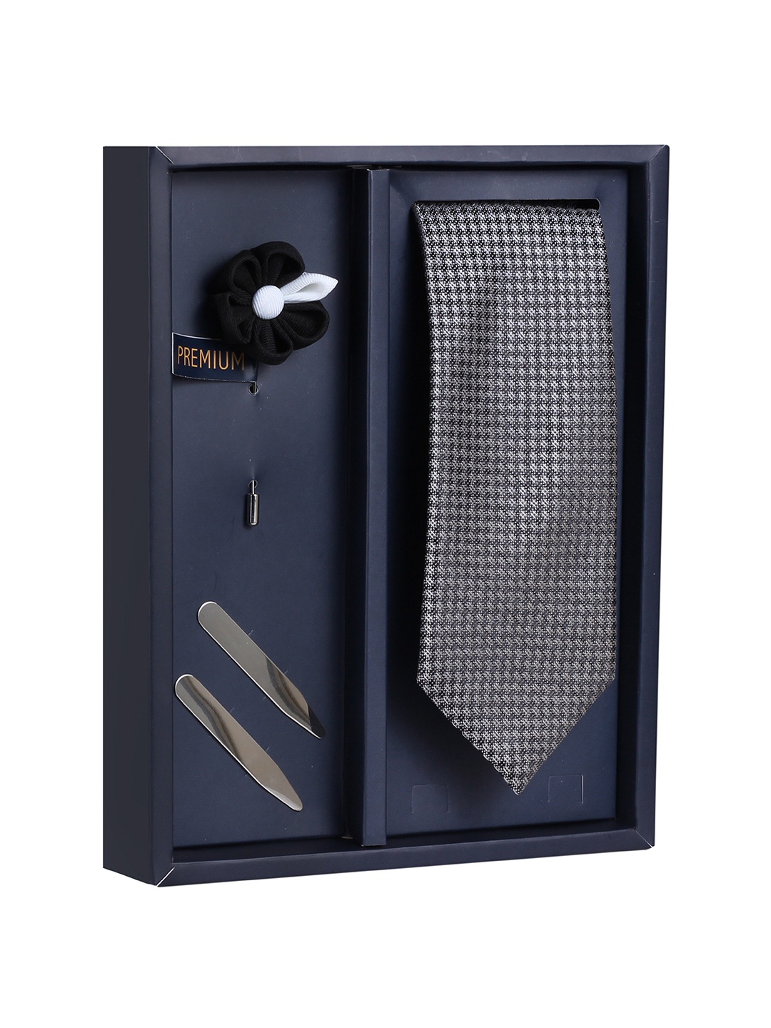 

PELUCHE Men Grey & Navy Blue Checked Broad Tie with Brooch & Collar Stay