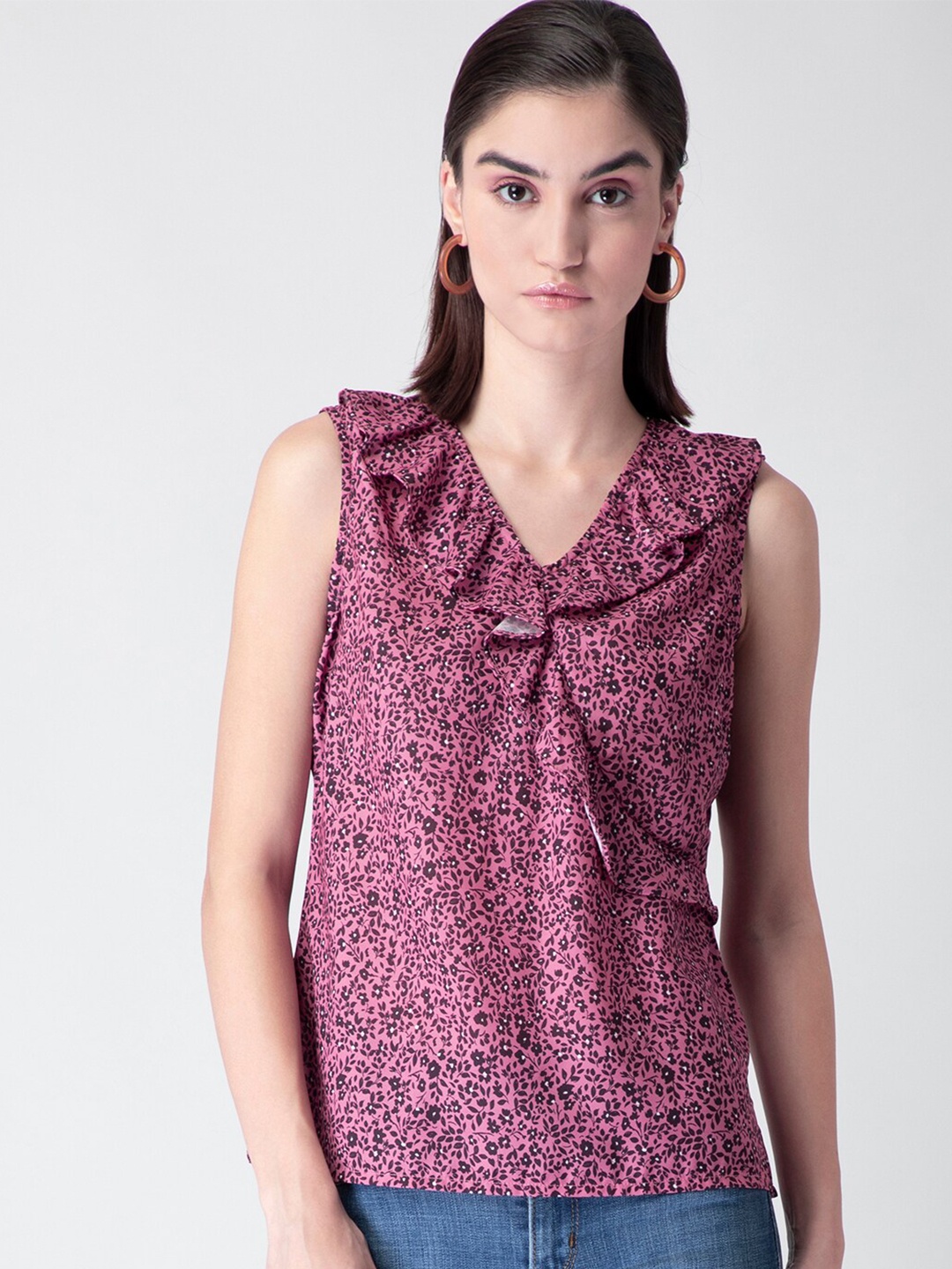 

FabAlley Women Pink & Black Floral Ruffles Crepe Regular Top