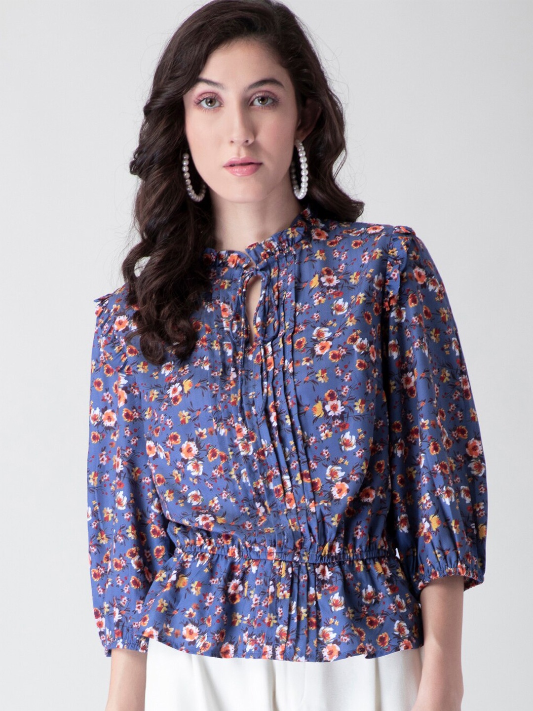 

FabAlley Blue & Orange Women Floral Tie-Up Neck Georgette Regular Top