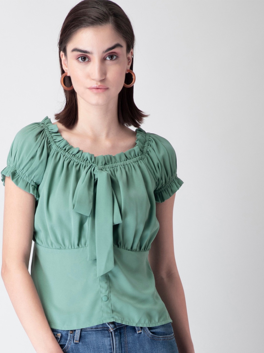 

FabAlley Green Women Puff Sleeve Crepe Regular Top