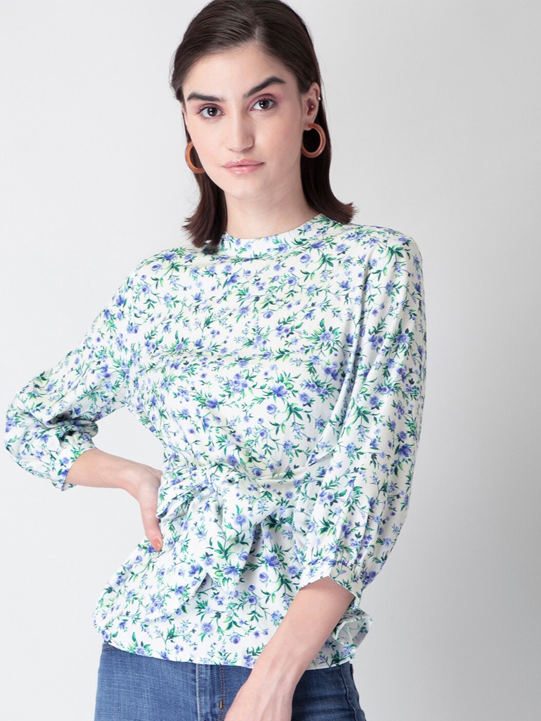 

FabAlley Women White Floral Georgette Cinched Waist Top