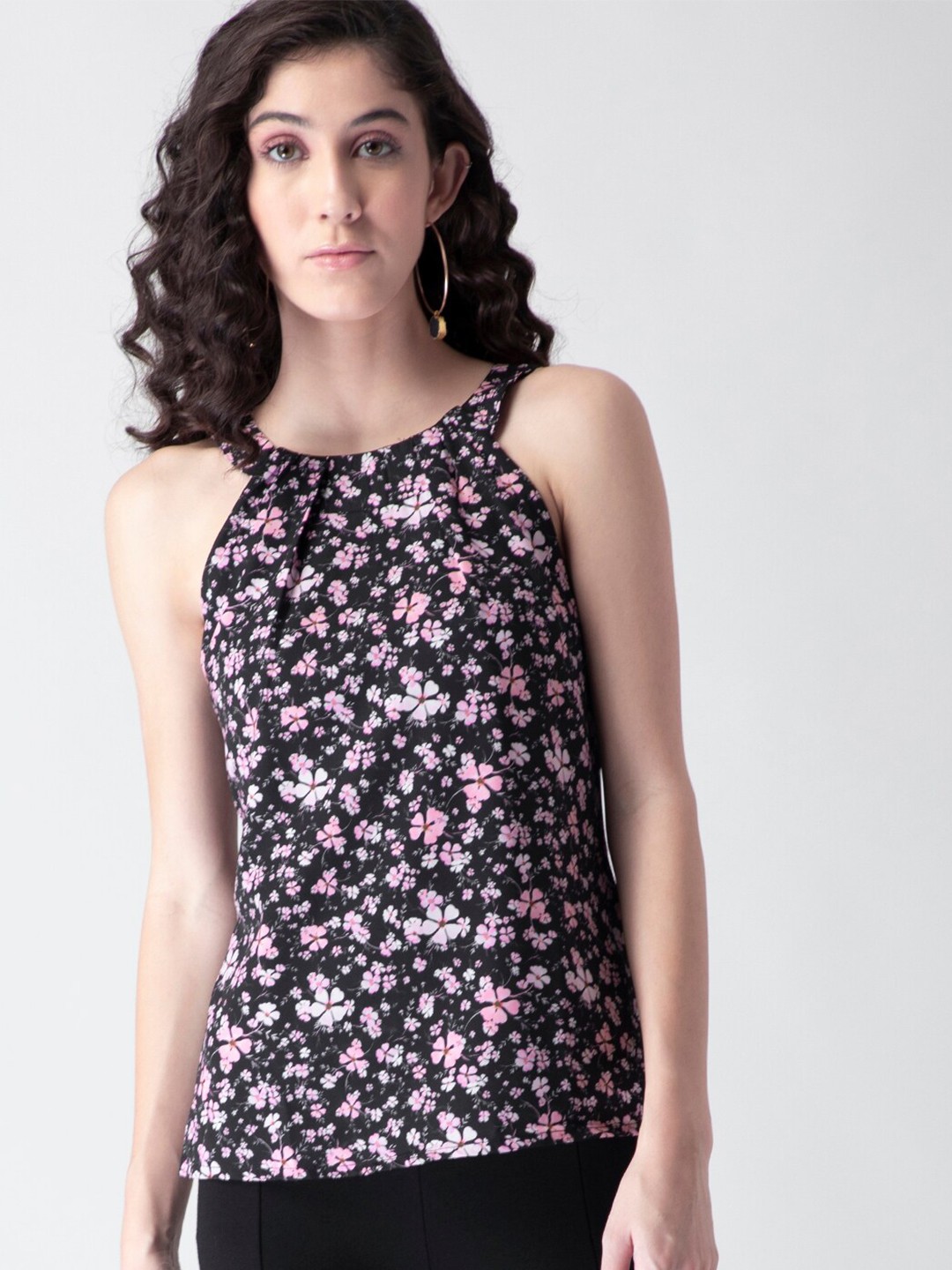 

FabAlley Women Floral Crepe Regular Top, Black