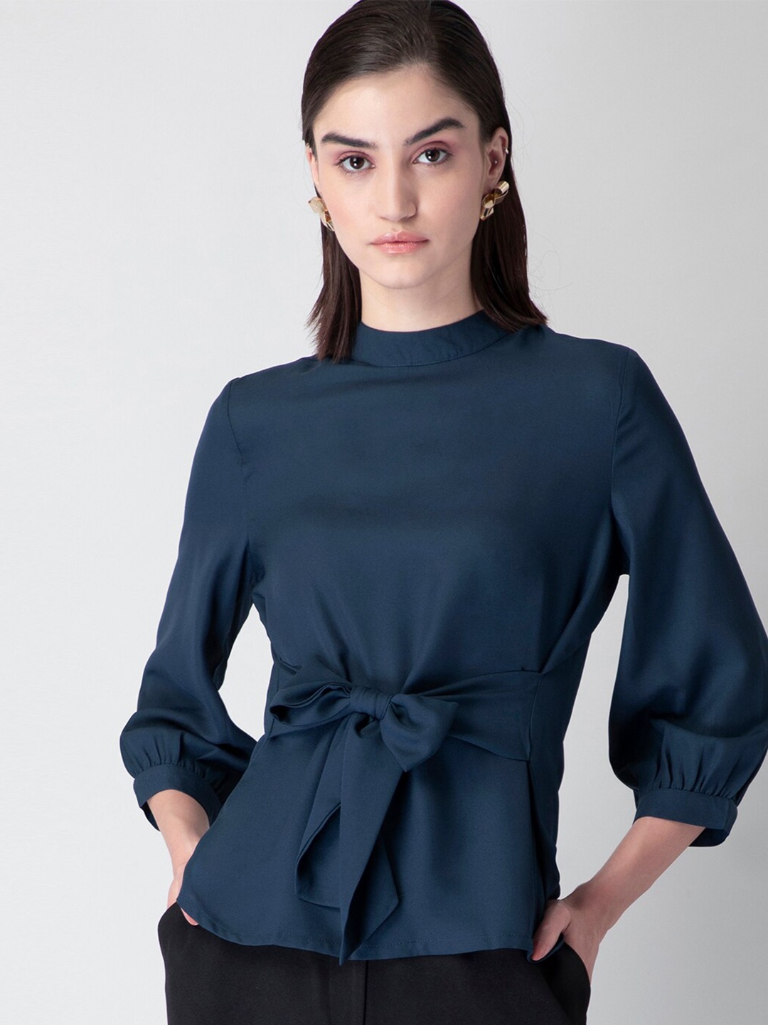

FabAlley Women Blue Crepe Cinched Waist Top