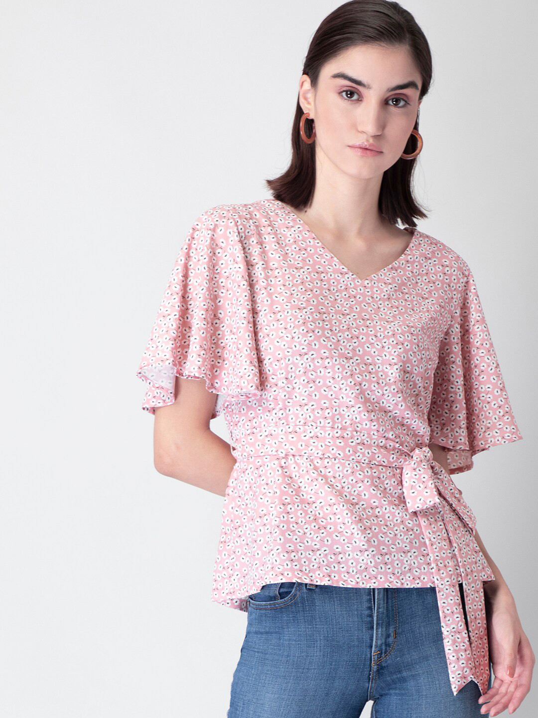 

FabAlley Women Pink & White Floral Flared Sleeve Georgette Regular Top