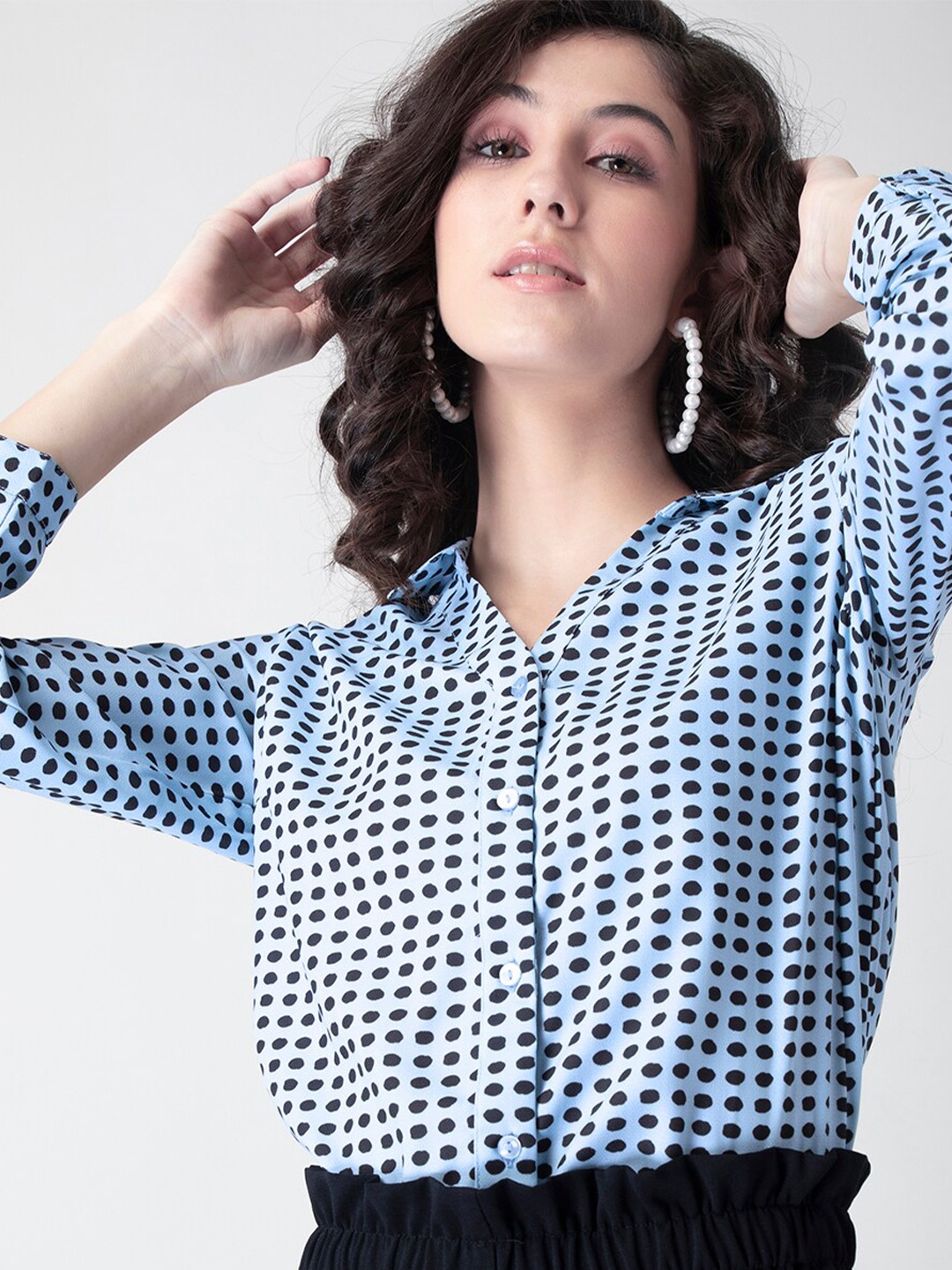 

FabAlley Women Blue & Black Geometric Georgette Shirt Style Top