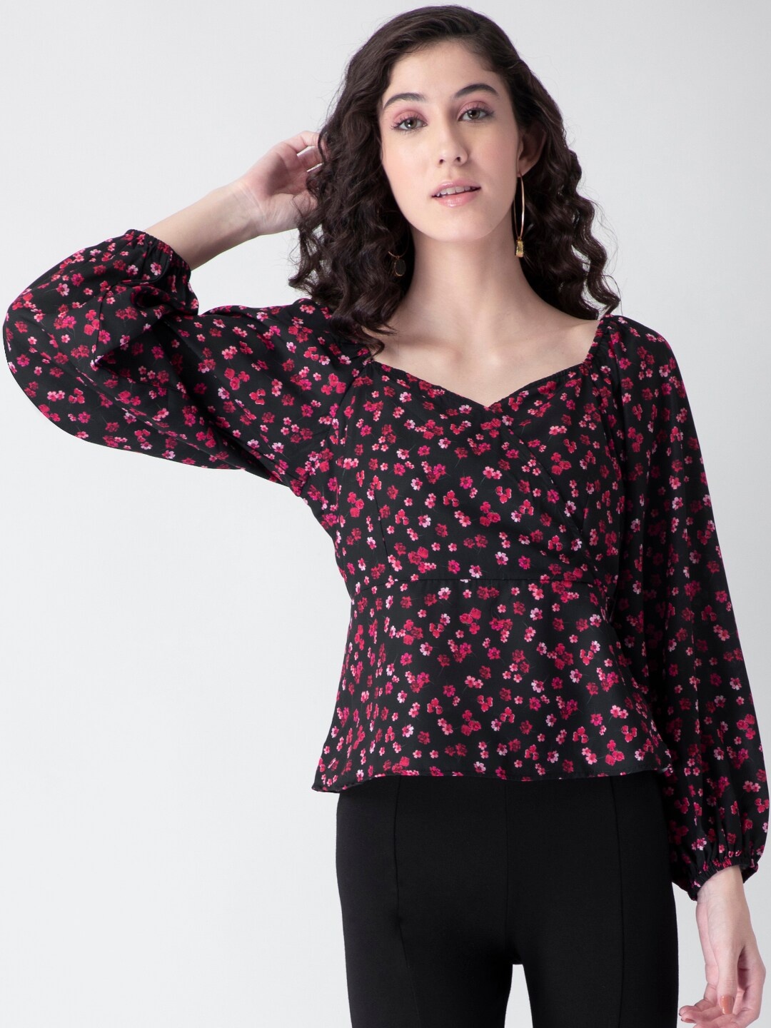 

FabAlley Women Black & Pink Floral Sweetheart Neck Puff Sleeve Crepe Wrap Top