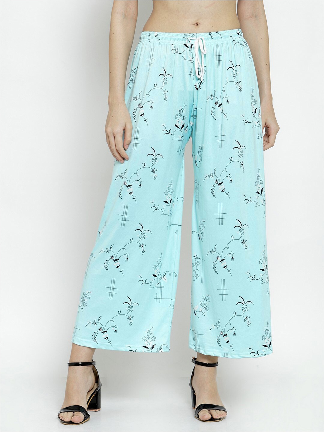 

KLOTTHE Women Turquoise Blue & Black Floral Printed Wide-Leg Palazzos