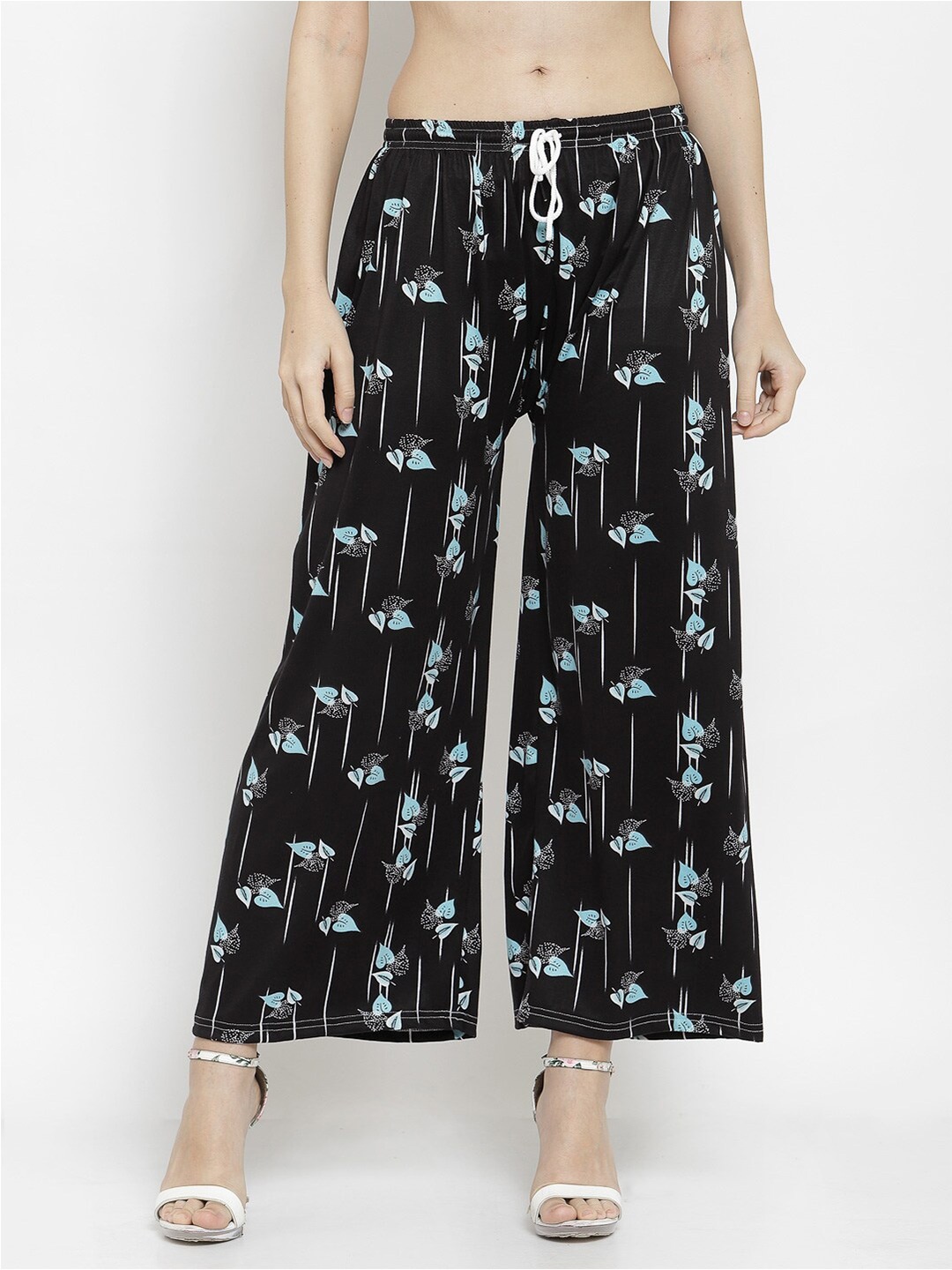 

KLOTTHE Women Black & Turquoise Blue Floral Printed Palazzos