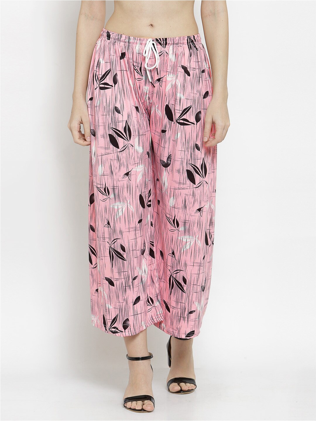 

KLOTTHE Women Pink & Black Floral Printed Cropped Palazzos