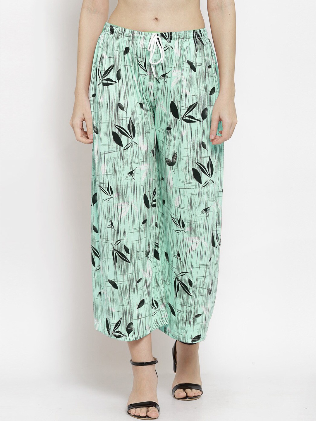 

KLOTTHE Women Green & White Floral Printed Wide-Leg Palazzos
