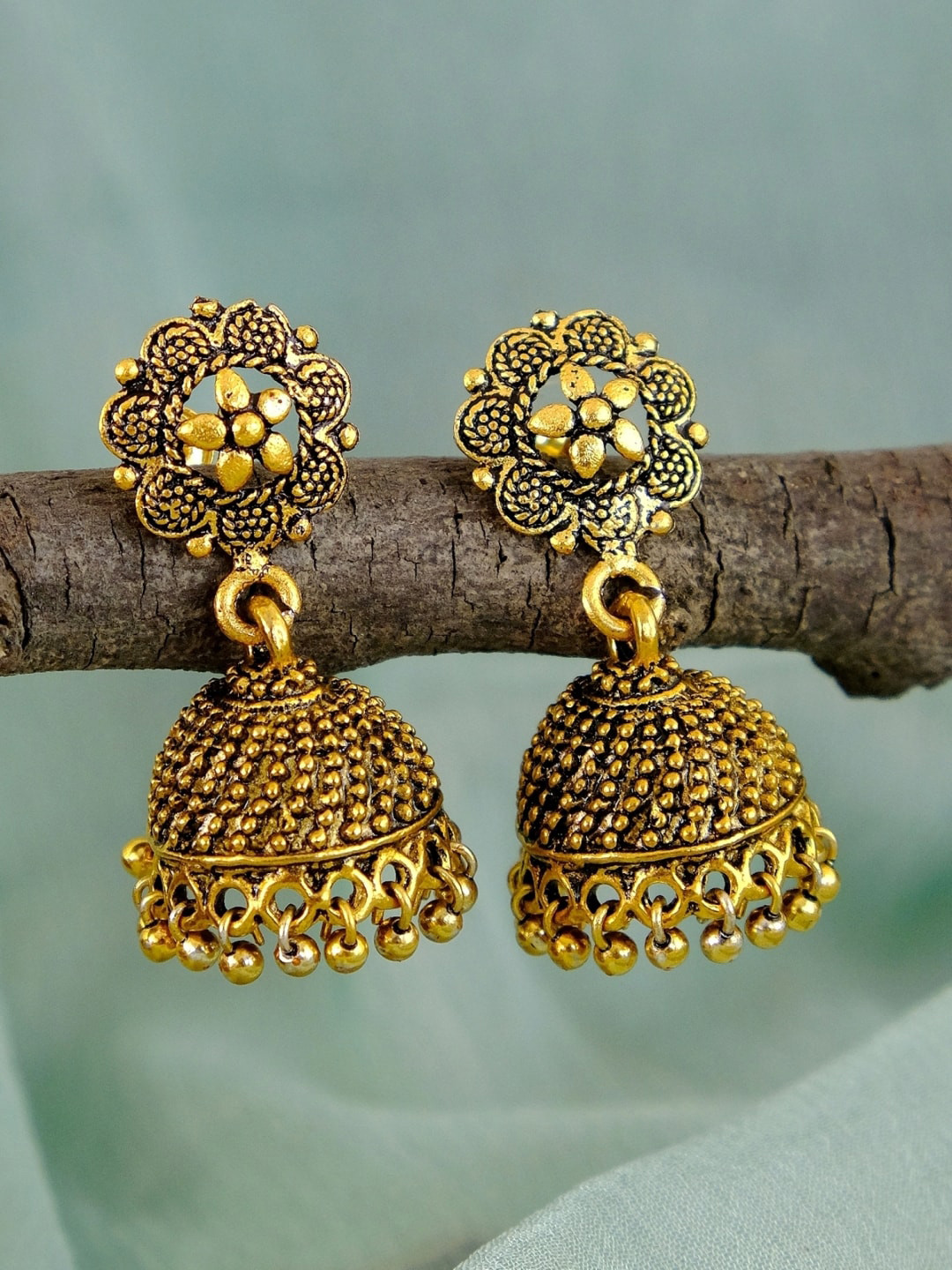 

Crunchy Fashion Women Gold-Toned Gold-Plated Floral Design Contemporary Jhumkas Earrings