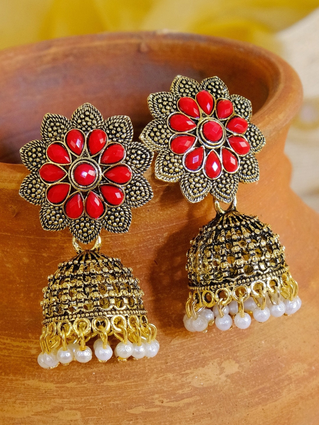 

Crunchy Fashion Gold Plated Red Floral Jhumka Earrings