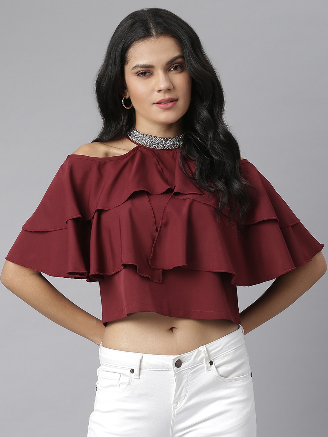 

KASSUALLY Burgundy Embellished Choker Neck Ruffles Crepe Crop Top